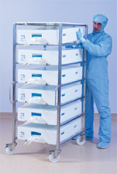 Single column multipurpose processing trolley with 20 L Allegro trays and systems