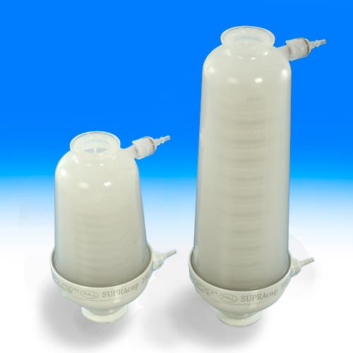 Supracap™ 100 depth filter capsule, in-line style, 5 inch length, with single-layer media grade K250P (4-9 µm retention rating), 1 to 1½ inch sanitary flange inlet and outlet product photo