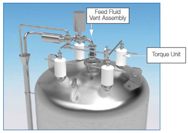 The torque unit is an external tensioning device, which provides reliable and secure operation without bypass. The filtrate vent, mounted on the torque unit, enables release of air from the filtrate inside the module core. The feed fluid vent assembly enables venting of air from the unfiltered fluid.