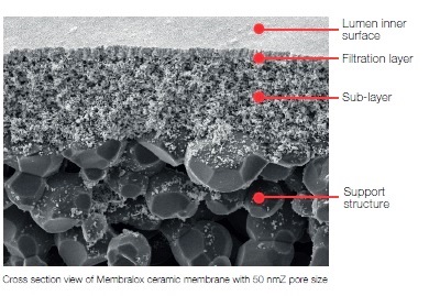 Cross section view of Membralox ceramic membrane with 50 nmZ pore size